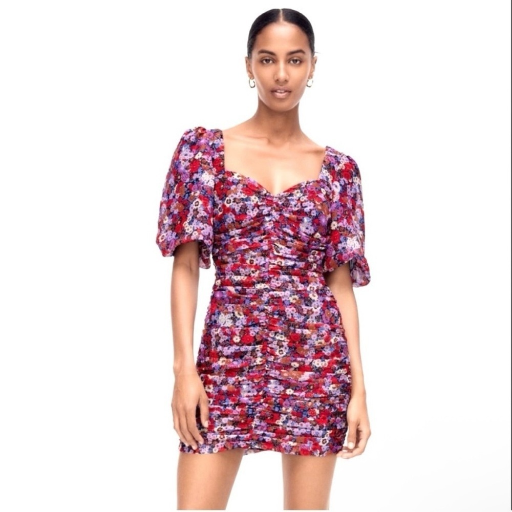 ZARA  Floral Sweetheart Puff Sleeve Ruched Mini Dress Red Purple XS